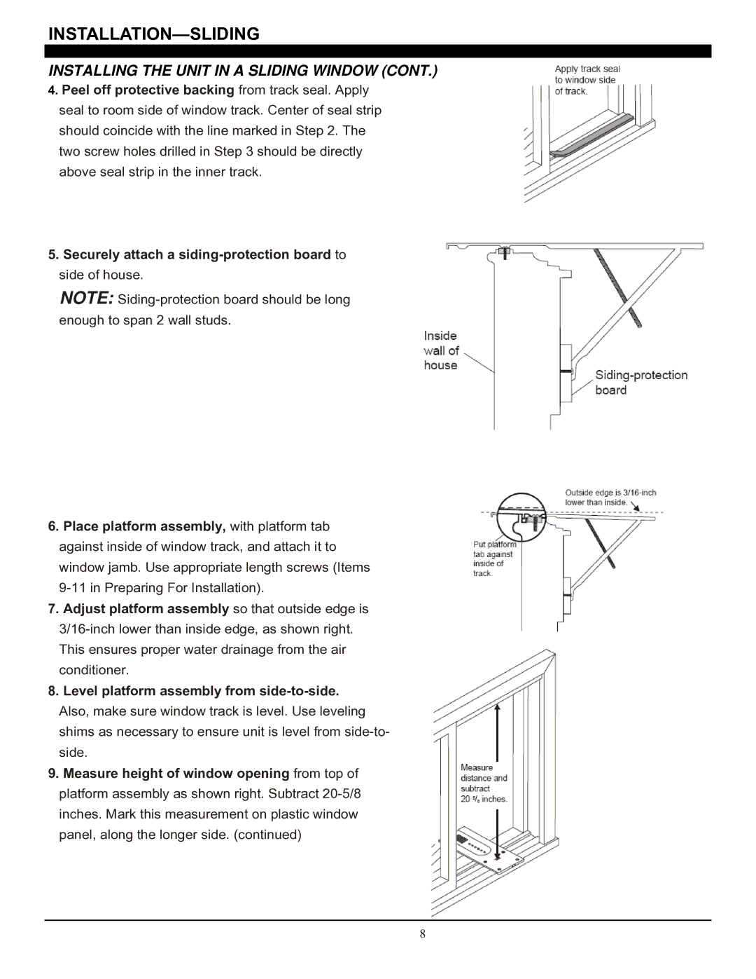 Soleus Air SG-CAC-08ESE manual Installation-Sliding, Securely attach a siding-protection board to 