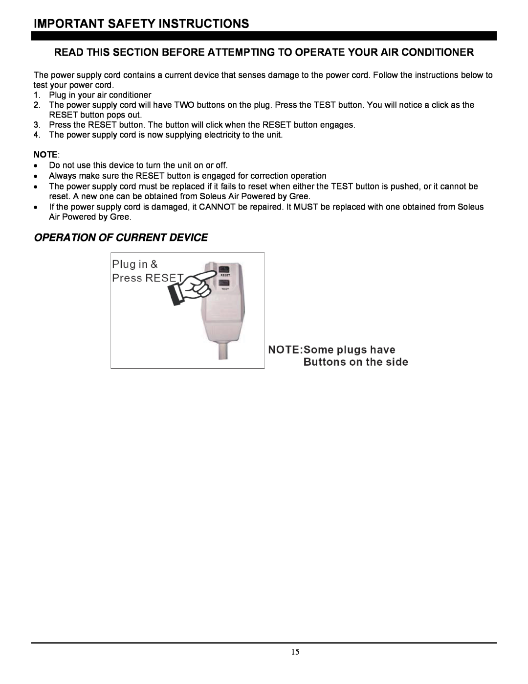 Soleus Air SG-CAC-08ESE manual Important Safety Instructions, Operation Of Current Device 