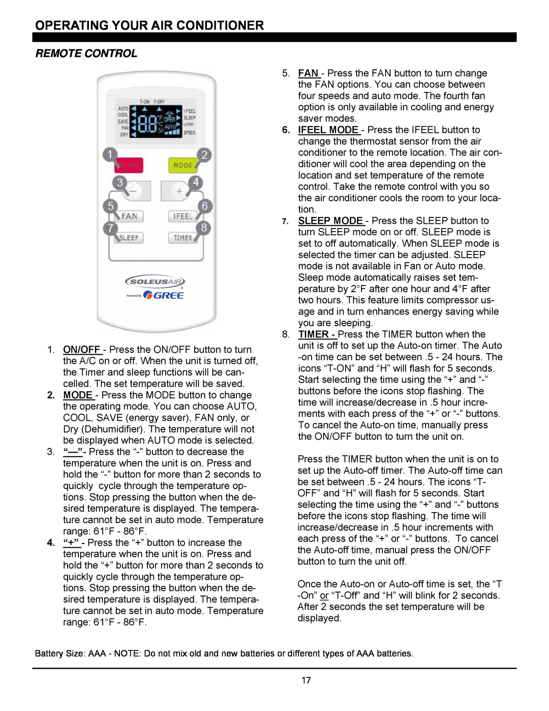 Soleus Air SG-CAC-08ESE manual Operating Your Air Conditioner, Remote Control 