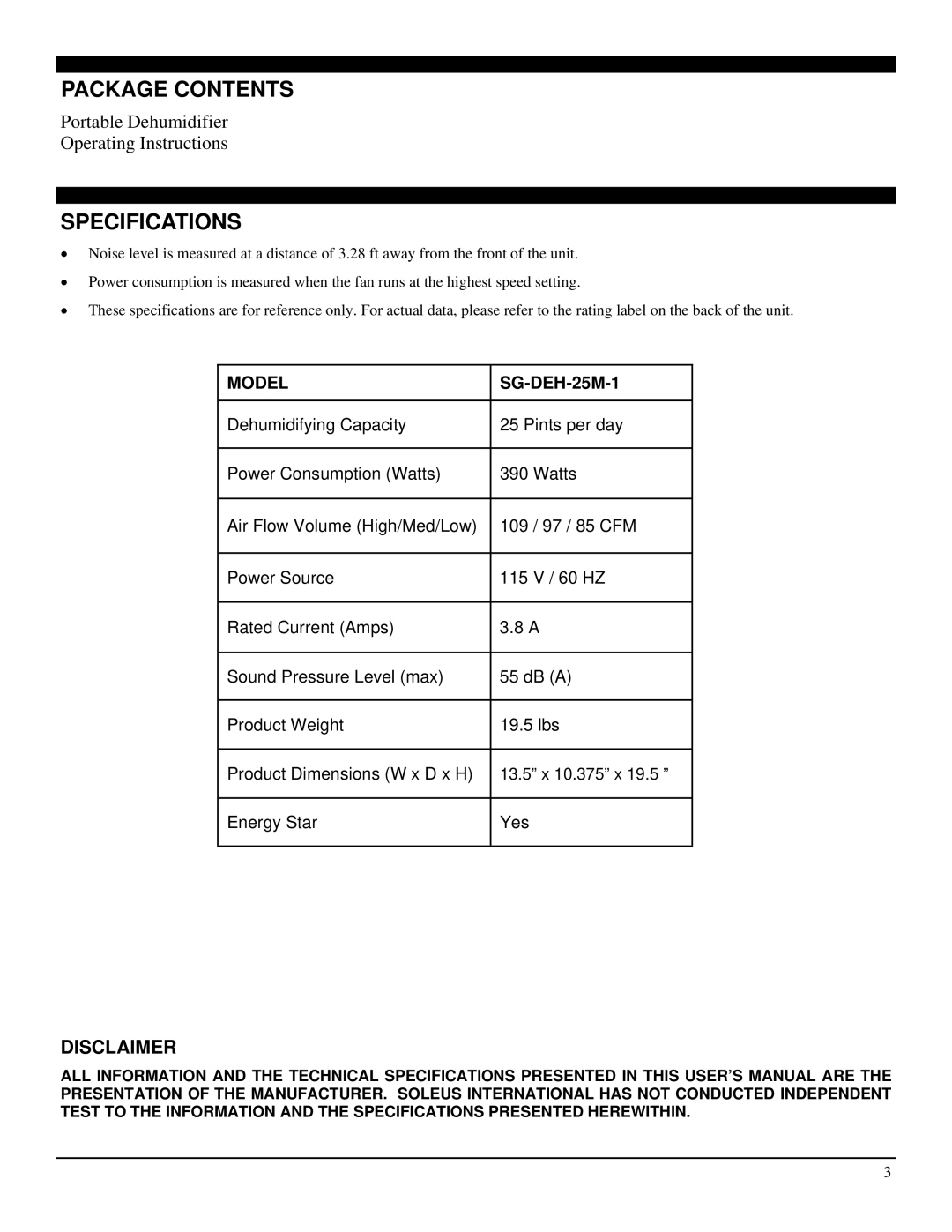 Soleus Air SG-DEH-25M-1 manual Package Contents, Specifications, Disclaimer 