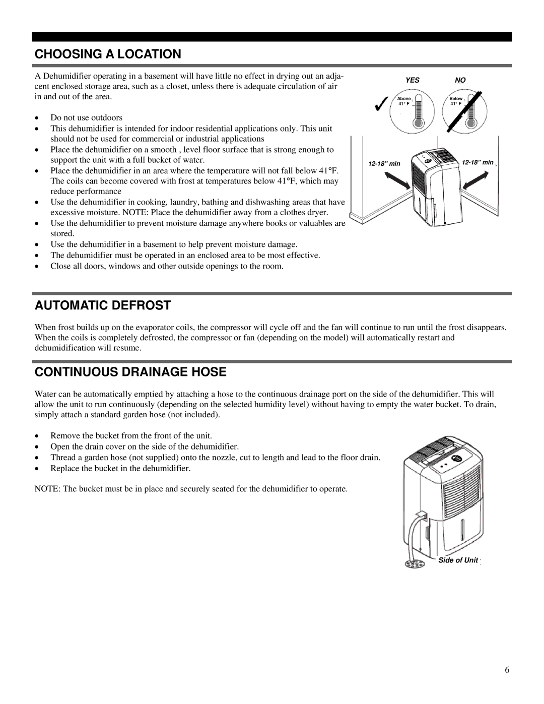 Soleus Air SG-DEH-25M-1 manual Choosing a Location, Automatic Defrost, Continuous Drainage Hose 