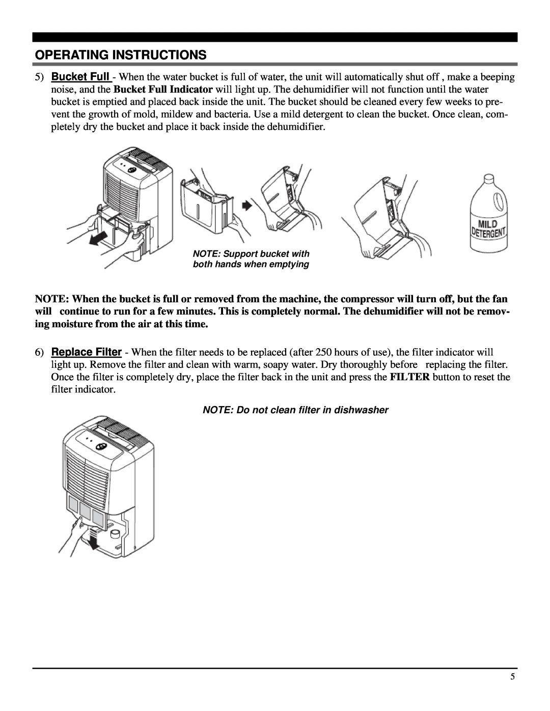 Soleus Air SG-DEH-25M-1 manual Operating Instructions, NOTE Do not clean filter in dishwasher 