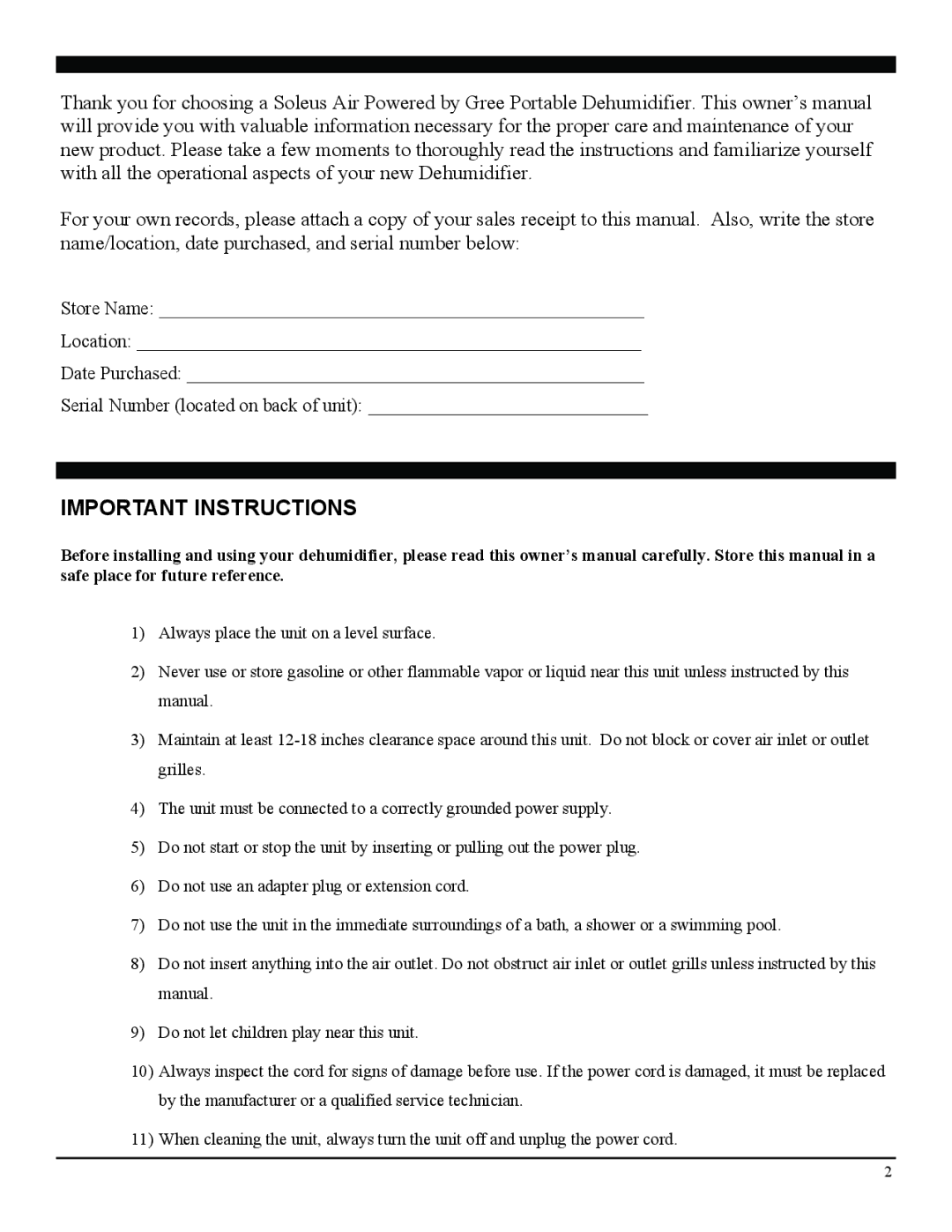 Soleus Air SG-DEH-30B-1 operating instructions Important Instructions 