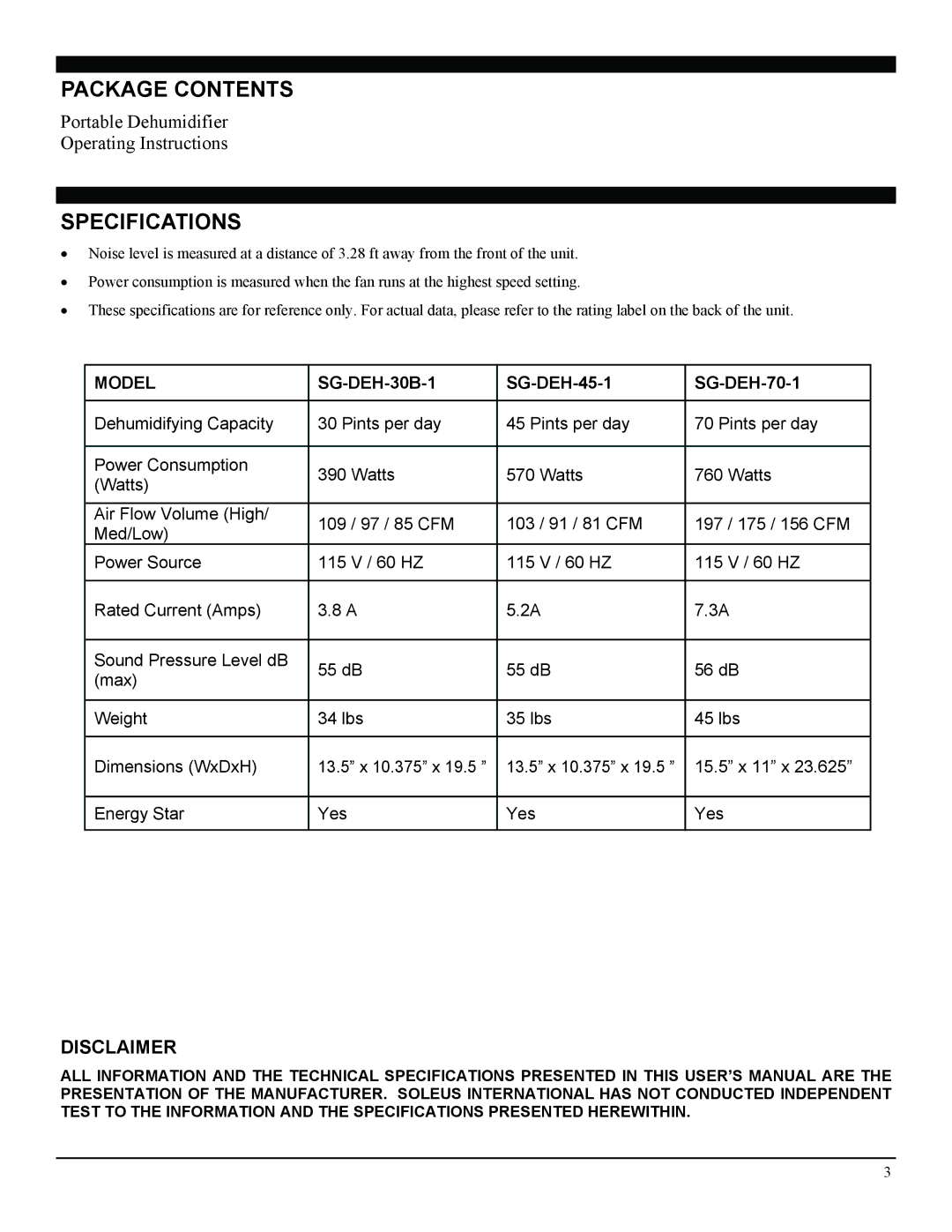 Soleus Air SG-DEH-30B-1 operating instructions Package Contents, Specifications, Disclaimer 