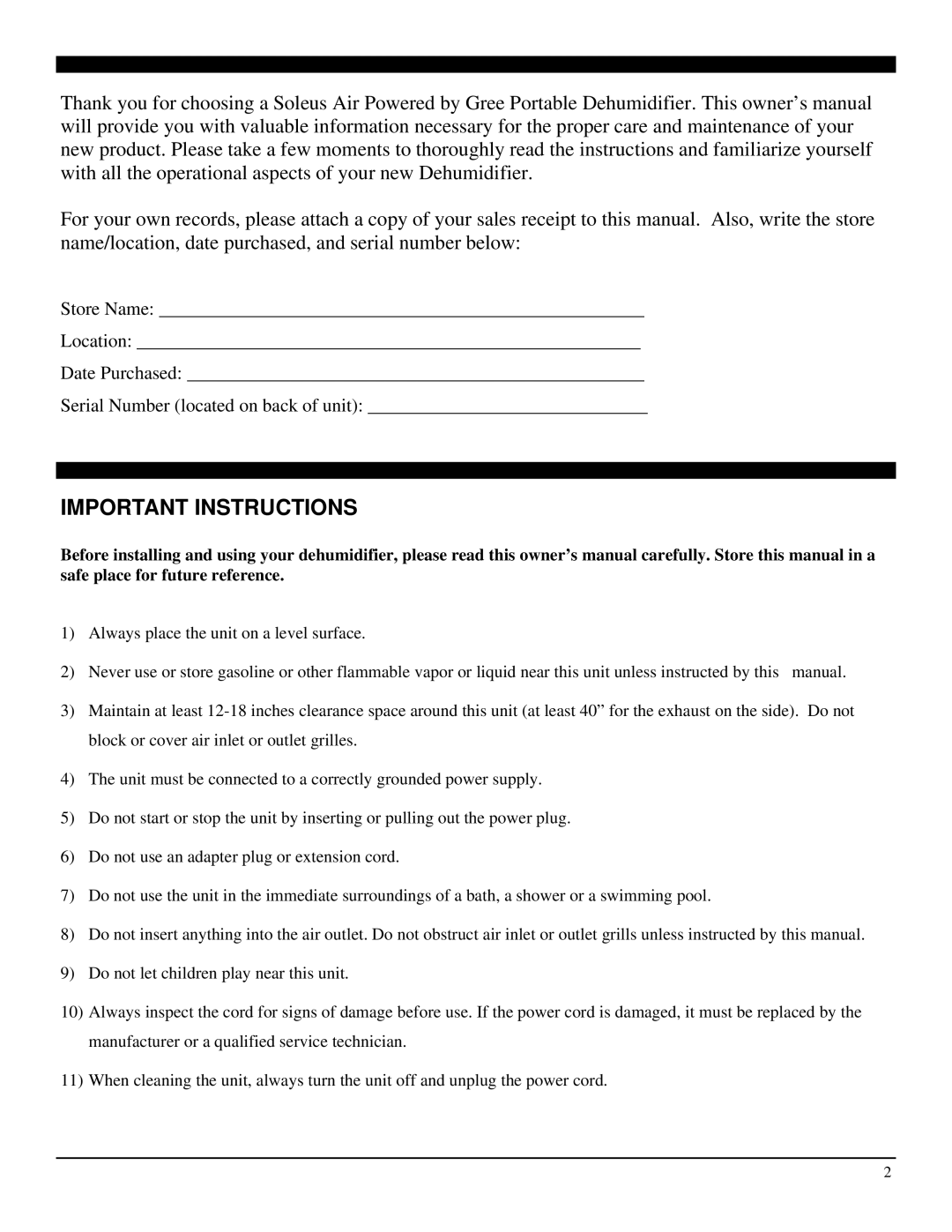 Soleus Air SG-DEH-70-2 (DP2-70-03) manual Important Instructions 