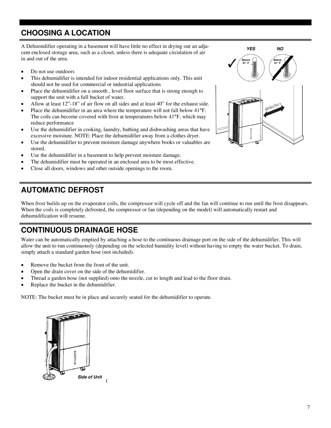 Soleus Air SG-DEH-70-2 (DP2-70-03) manual Choosing a Location, Automatic Defrost, Continuous Drainage Hose 