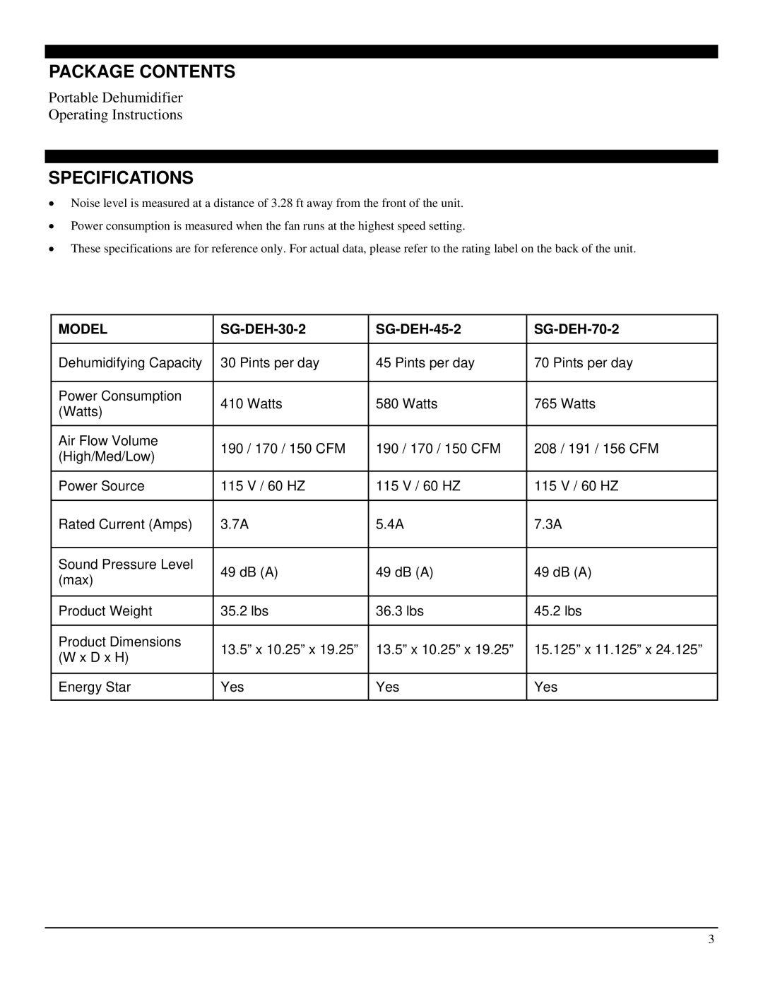 Soleus Air SG-DEH-70-2, SG-DEH-45-2, SG-DEH-30-2 operating instructions Package Contents, Specifications 