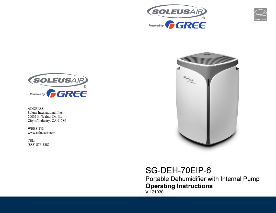 Soleus Air SG-DEH-70EIP-6 operating instructions Portable Dehumidifier with Internal Pump, Operating Instructions 