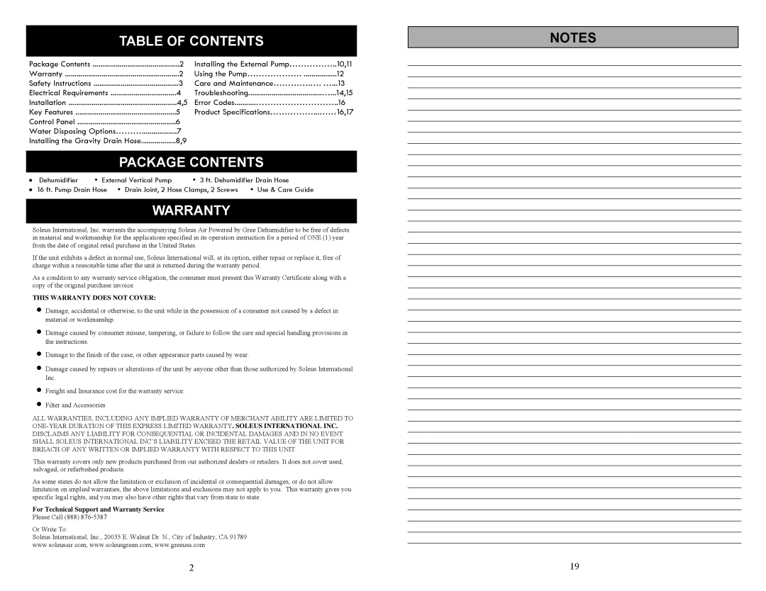 Soleus Air SG-DEH-70EP-2 manual Table of Contents, Package Contents, Warranty 