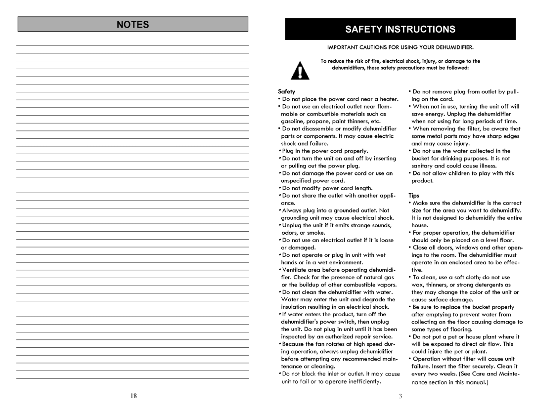 Soleus Air SG-DEH-70EP-2 manual Safety Instructions, Important Cautions for Using Your Dehumidifier 