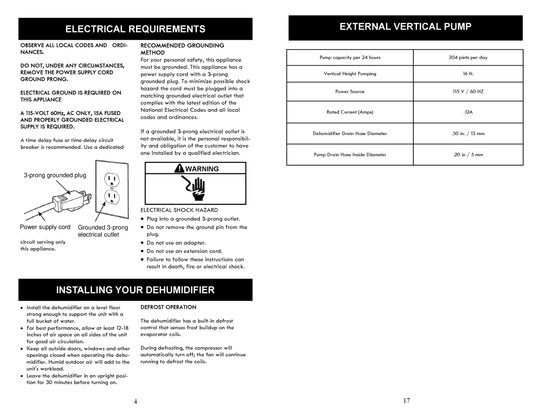 Soleus Air SG-DEH-70EP-2 manual Electrical Requirements External Vertical Pump, Installing Your Dehumidifier 