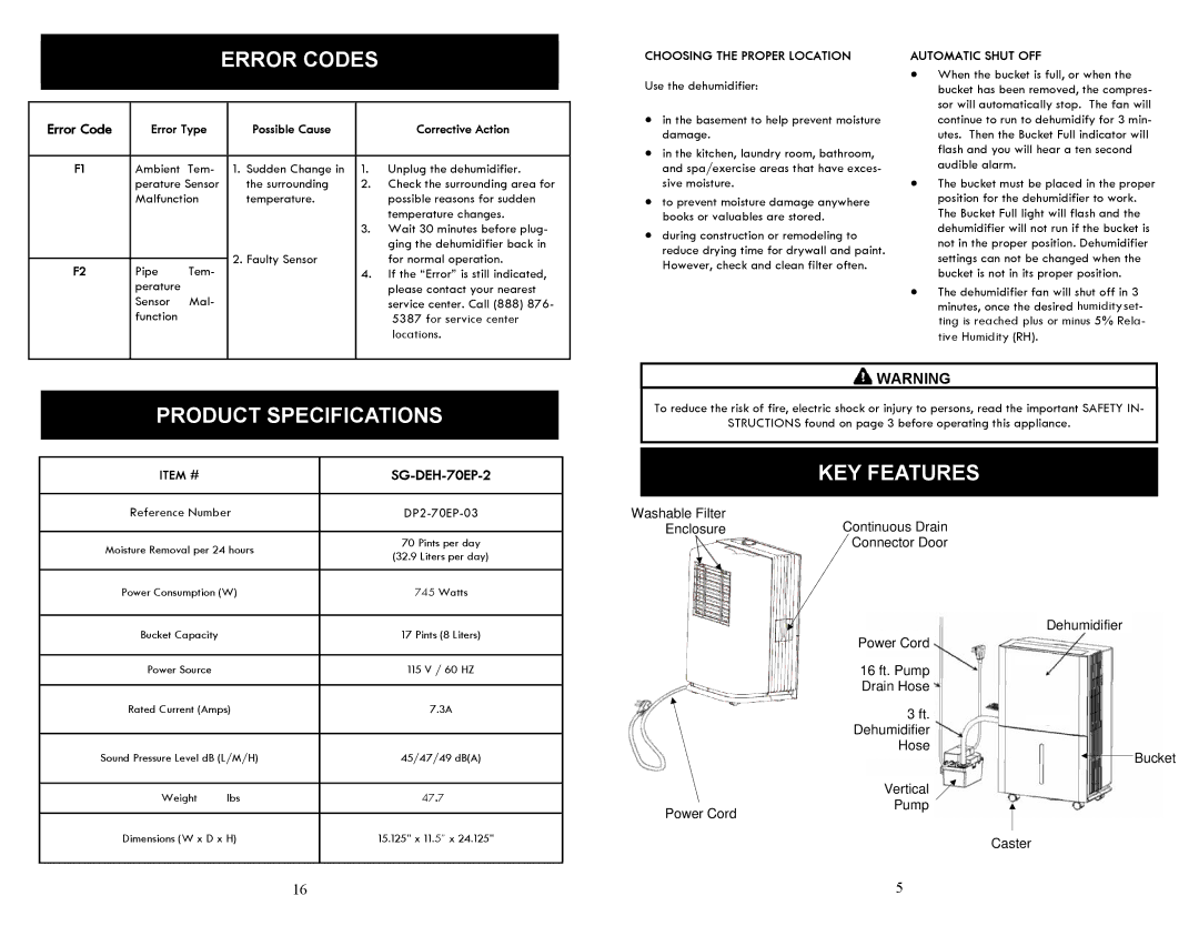 Soleus Air SG-DEH-70EP-2 manual Error Codes, Product Specifications, KEY Features 