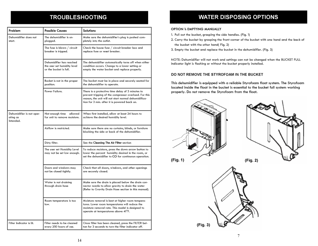 Soleus Air SG-DEH-70EP-2 manual Troubleshooting, Water Disposing Options, Option 1 Emptying Manually 