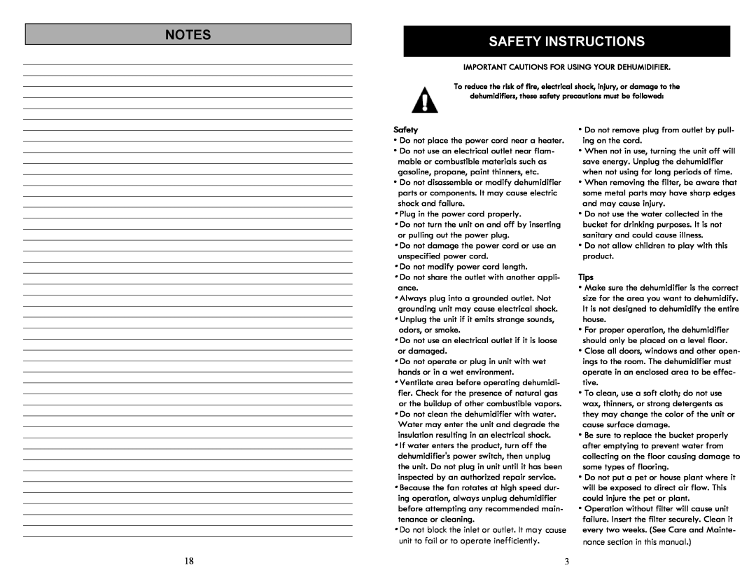 Soleus Air SG-DEH-70EP-2 manual Safety Instructions, Tips 