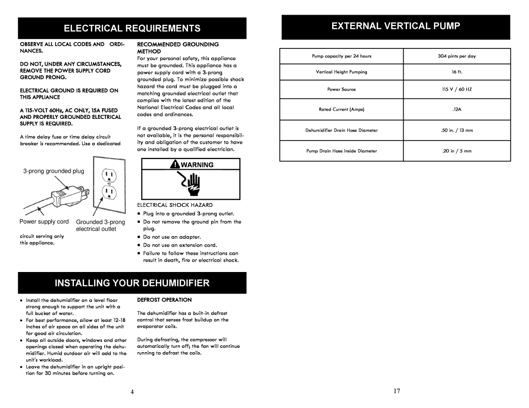Soleus Air SG-DEH-70EP-2 manual Electrical Requirements, External Vertical Pump, Installing Your Dehumidifier 