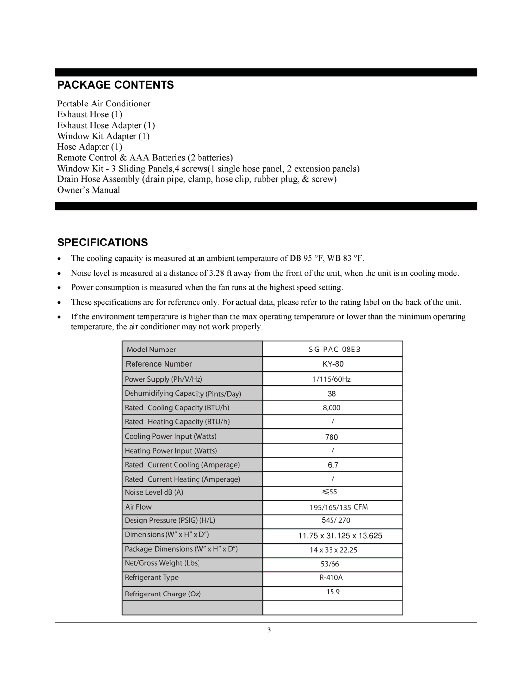 Soleus Air SG-PAC-08E3 (KY-80) manual Package Contents, Specifications 