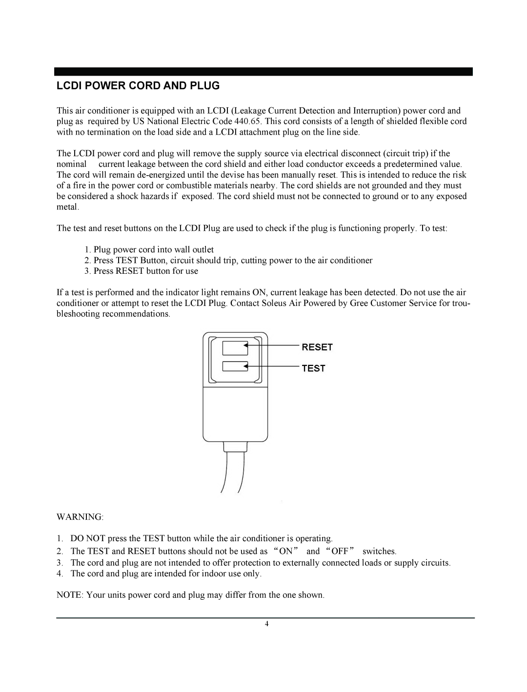 Soleus Air SG-PAC-08E3 (KY-80) manual Lcdi Power Cord and Plug 