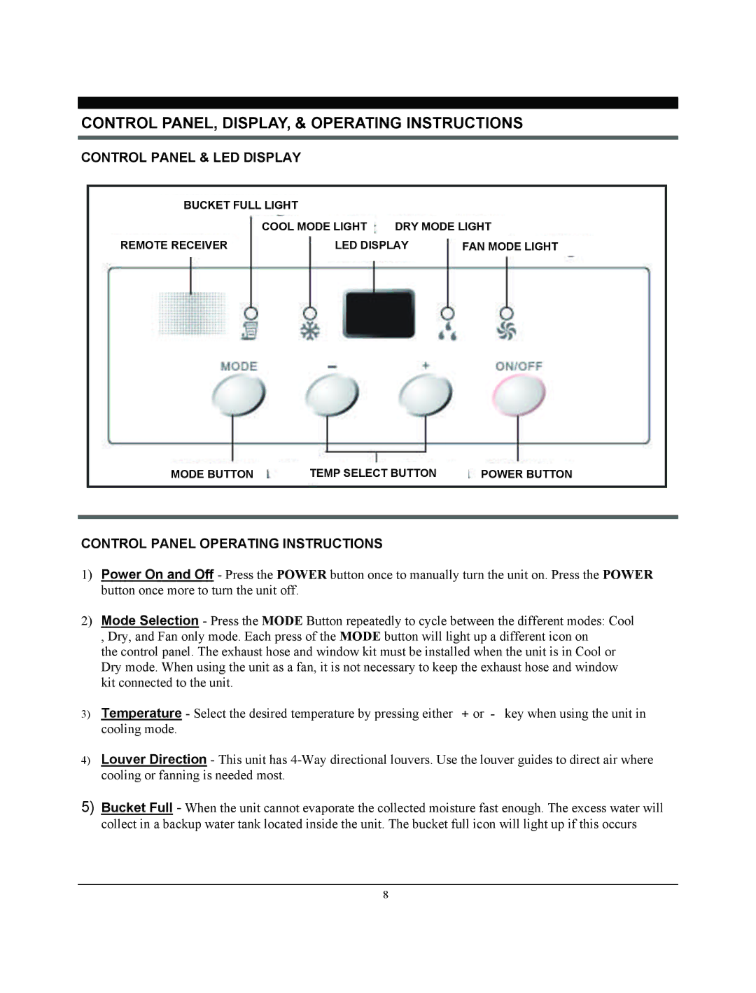 Soleus Air SG-PAC-08E3 (KY-80) manual Control PANEL, DISPLAY, & Operating Instructions, Control Panel & LED Display 