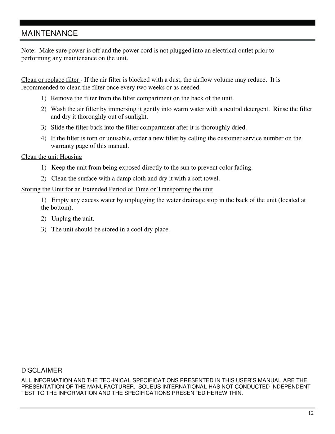 Soleus Air SG-PAC-08E3 manual Maintenance, Disclaimer 