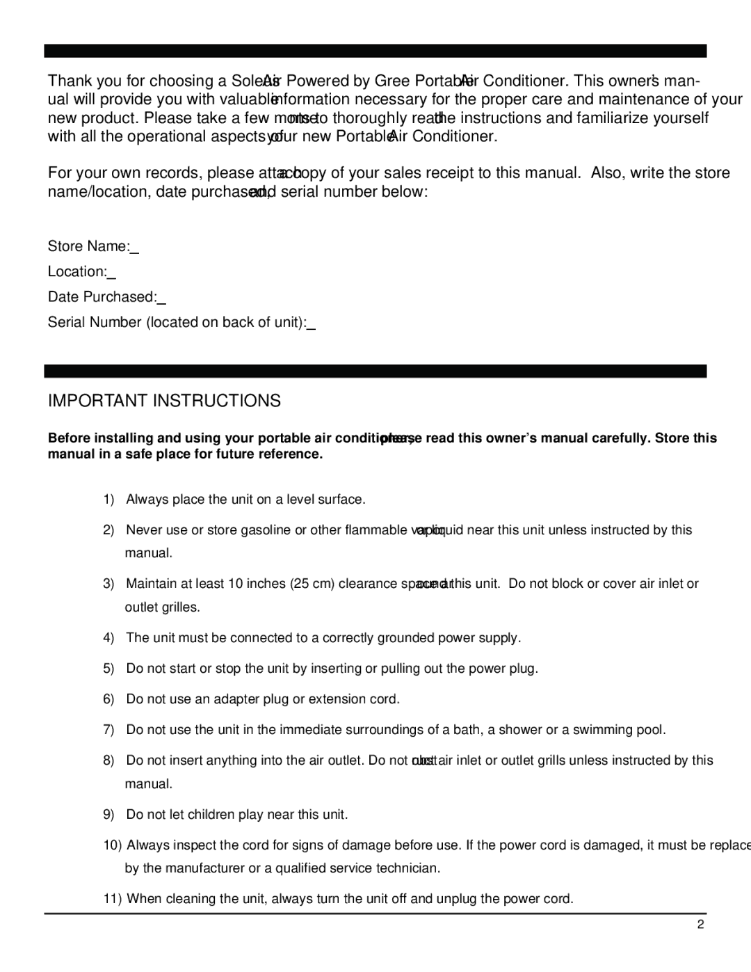 Soleus Air SG-PAC-08E3 manual Important Instructions 