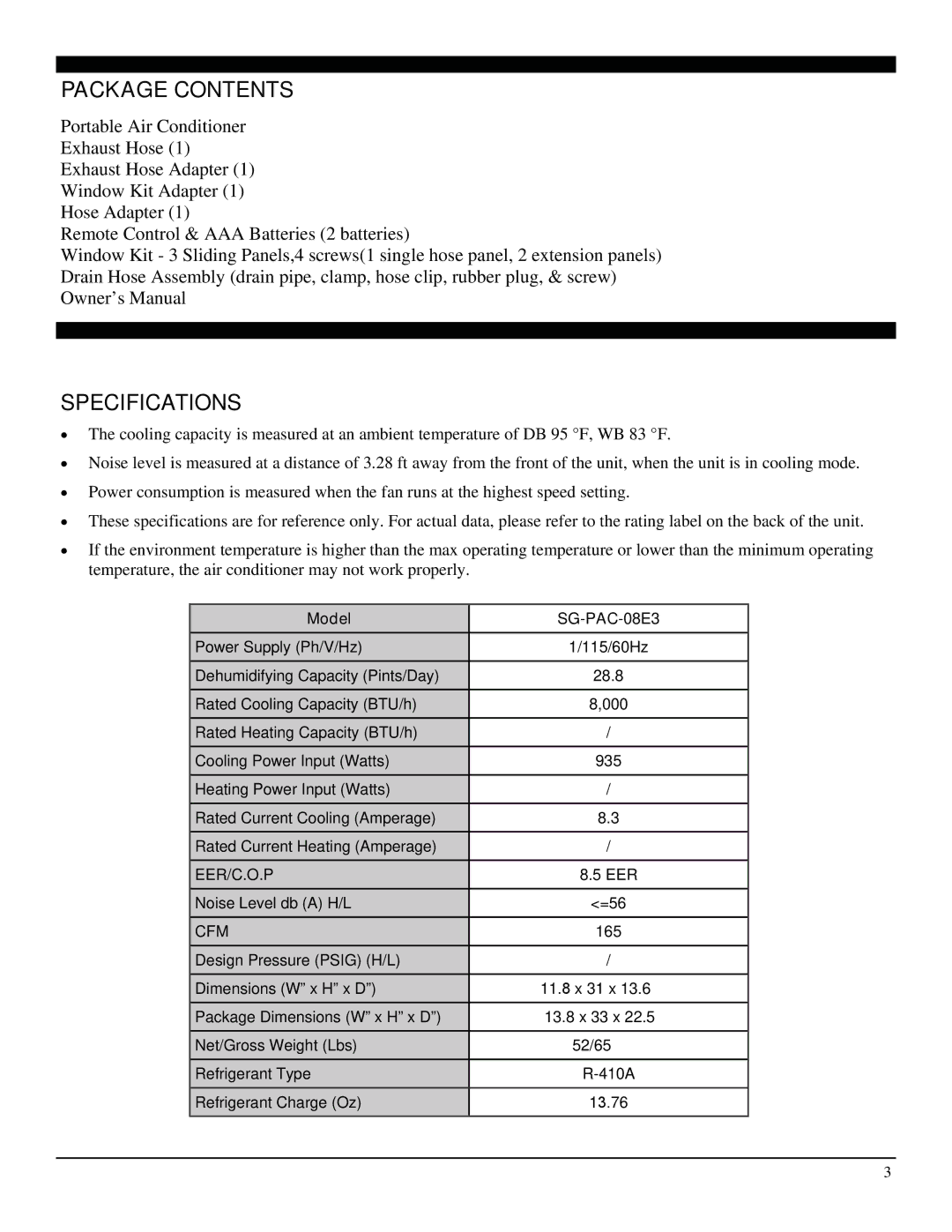 Soleus Air SG-PAC-08E3 manual Package Contents, Specifications 