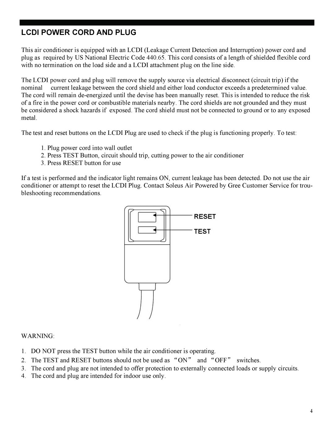 Soleus Air SG-PAC-08E3 manual Lcdi Power Cord and Plug 