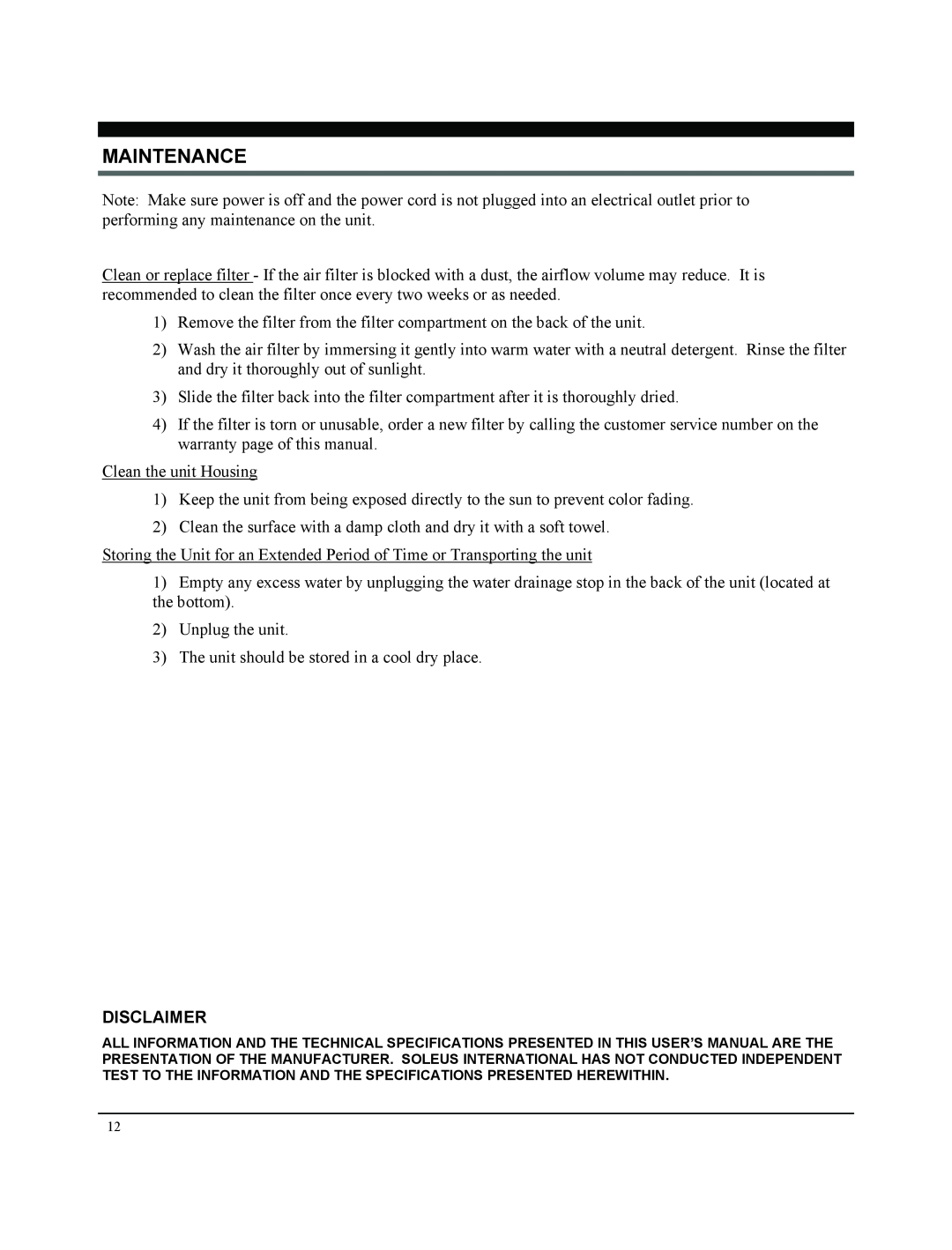 Soleus Air SG-PAC-08E3 manual Maintenance, Disclaimer 