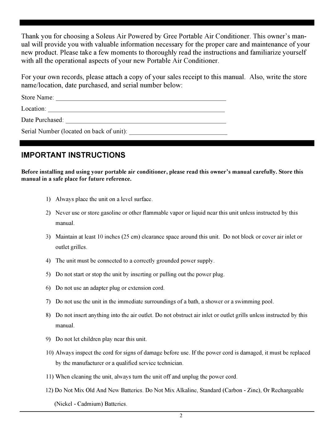 Soleus Air SG-PAC-08E4 manual Important Instructions 