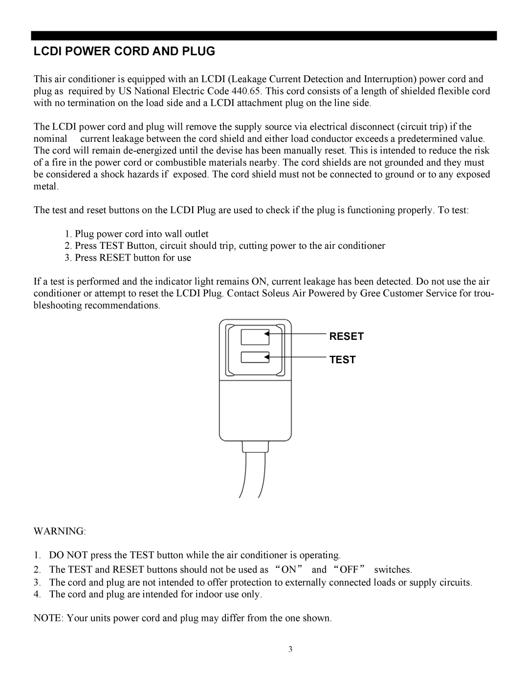 Soleus Air SG-PAC-08E4 manual Lcdi Power Cord and Plug, Reset Test 