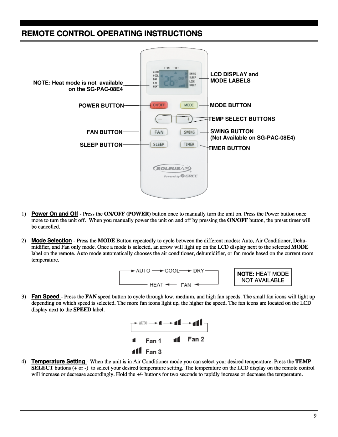 Soleus Air SG-PAC-08E4 manual Remote Control Operating Instructions, Fan Button Sleep Button 