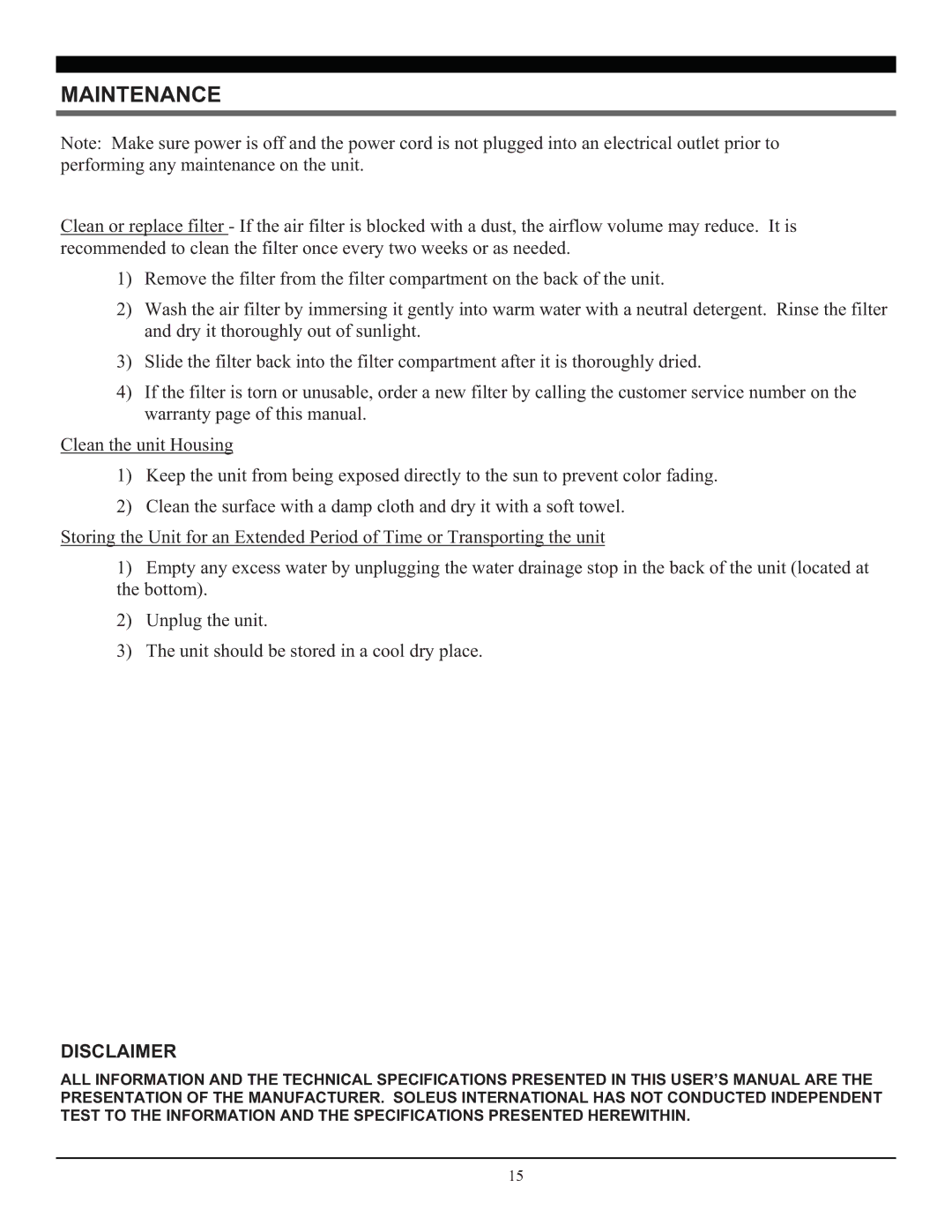 Soleus Air SG-PAC-10E2 (KY-101) manual Maintenance, Disclaimer 