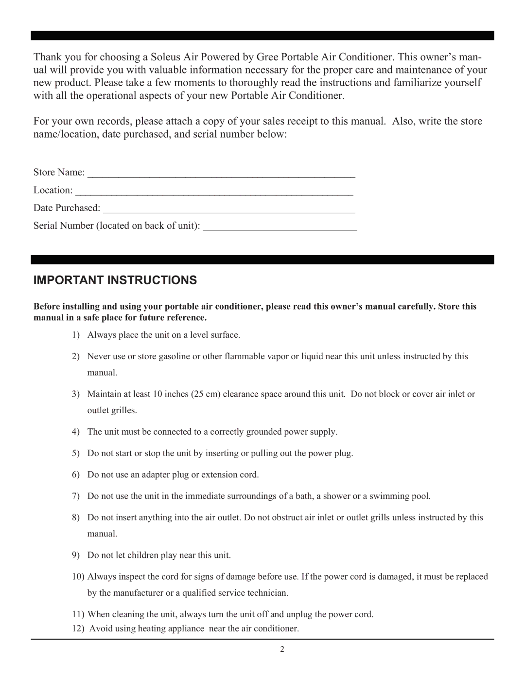 Soleus Air SG-PAC-10E2 (KY-101) manual Important Instructions 