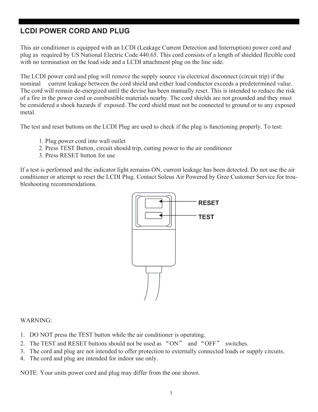 Soleus Air SG-PAC-10E2 (KY-101) manual Lcdi Power Cord and Plug, Reset Test 