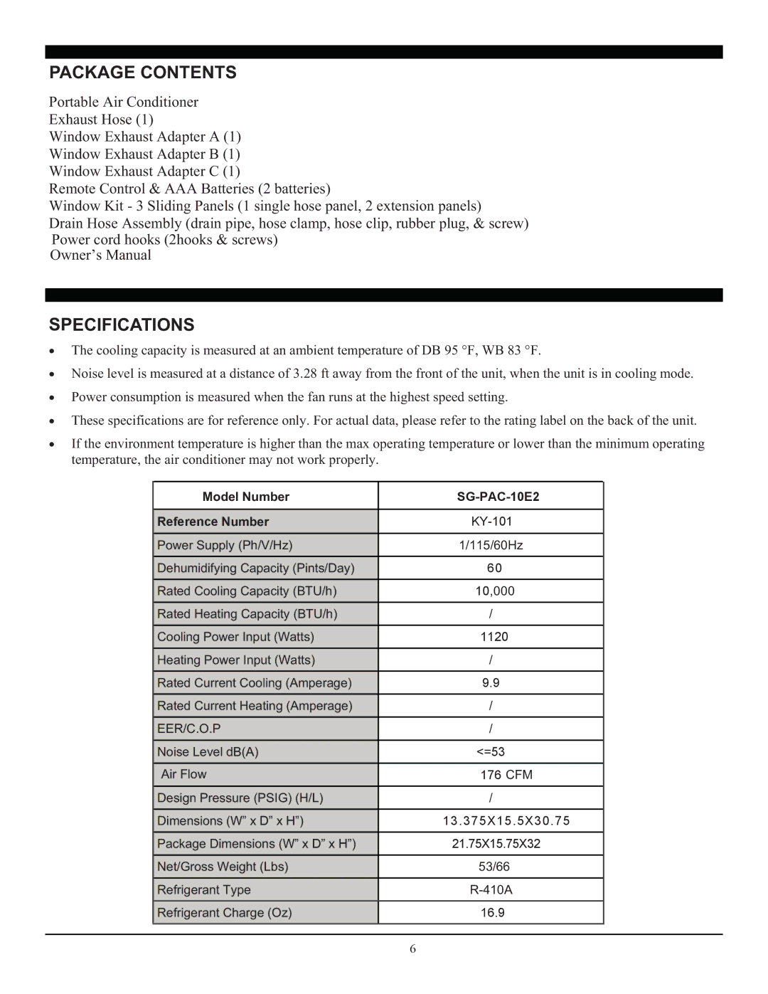 Soleus Air SG-PAC-10E2 (KY-101) manual Package Contents, Specifications 