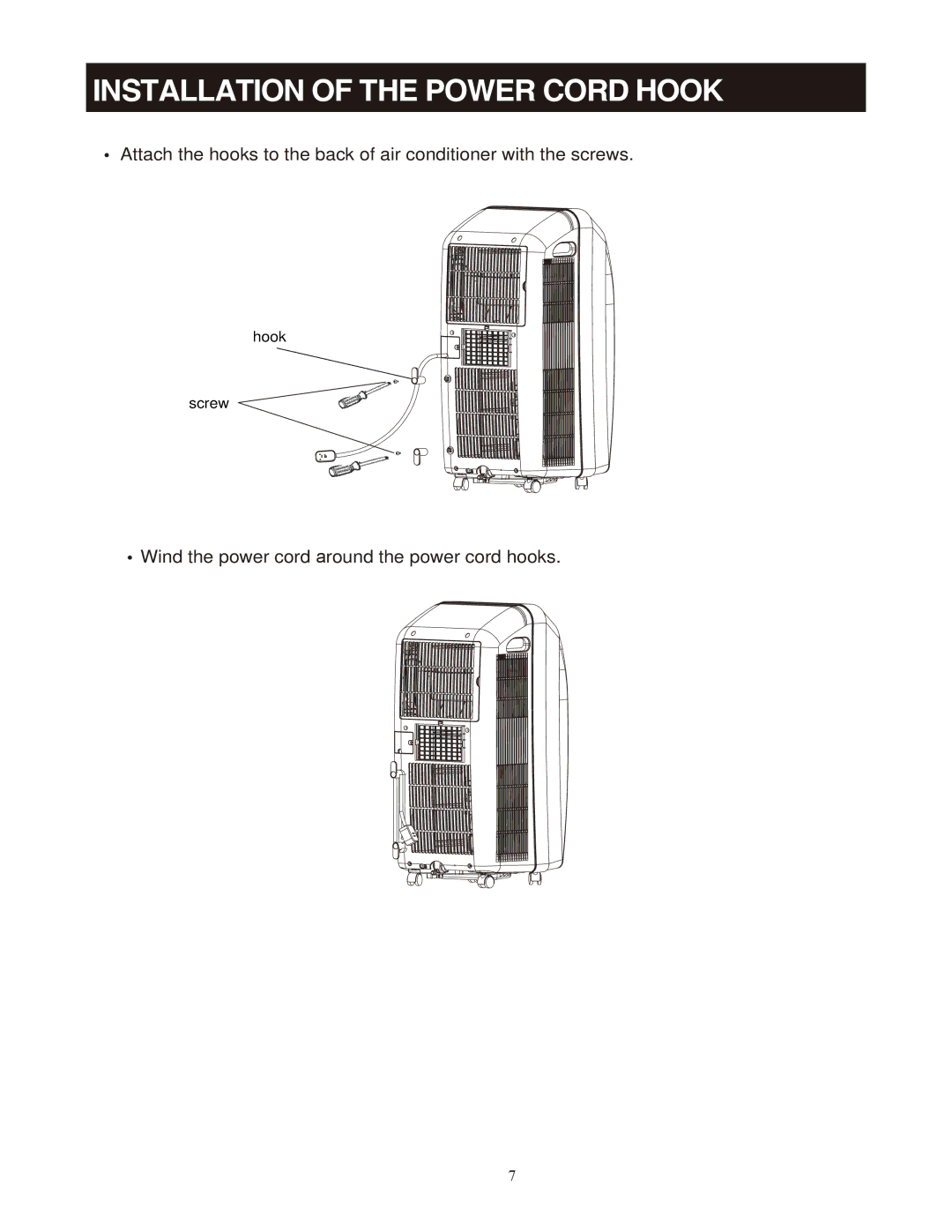 Soleus Air SG-PAC-10E2 (KY-101) manual Installation of the Power Cord Hook 