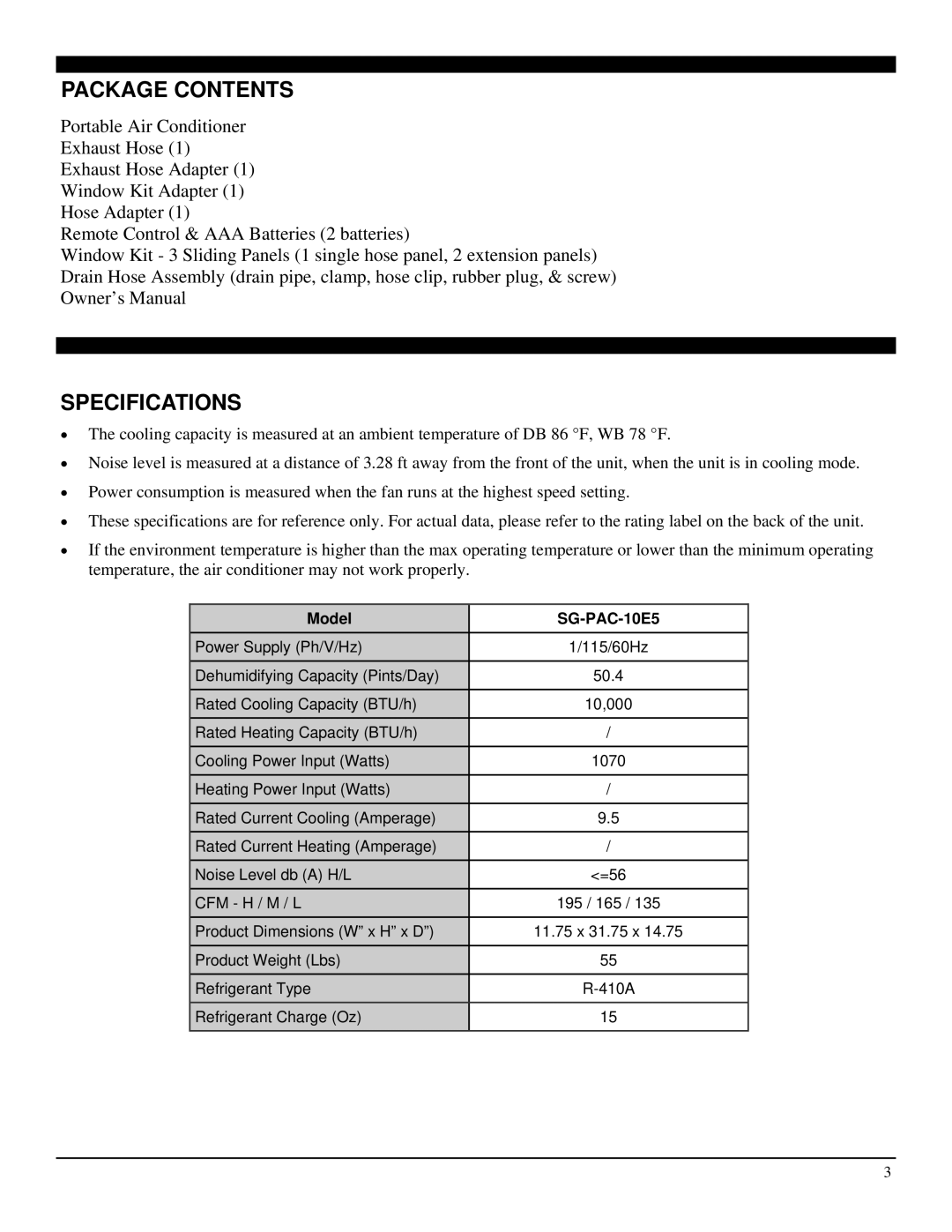 Soleus Air SG-PAC-10E5 manual Package Contents, Specifications 