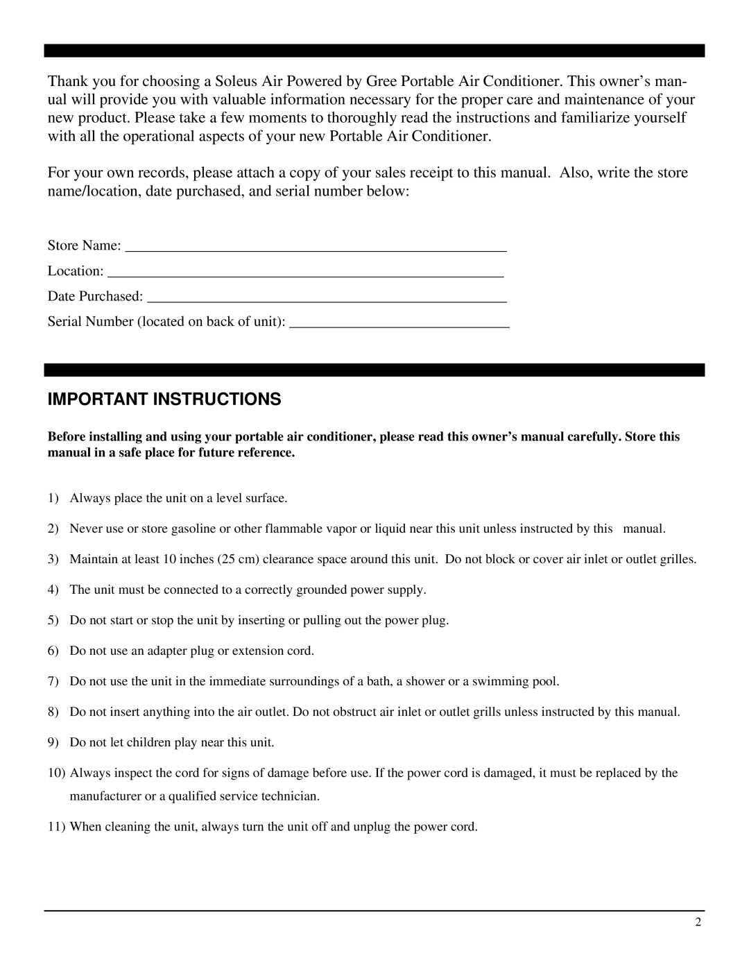 Soleus Air SG-PAC-10E5 manual Important Instructions 