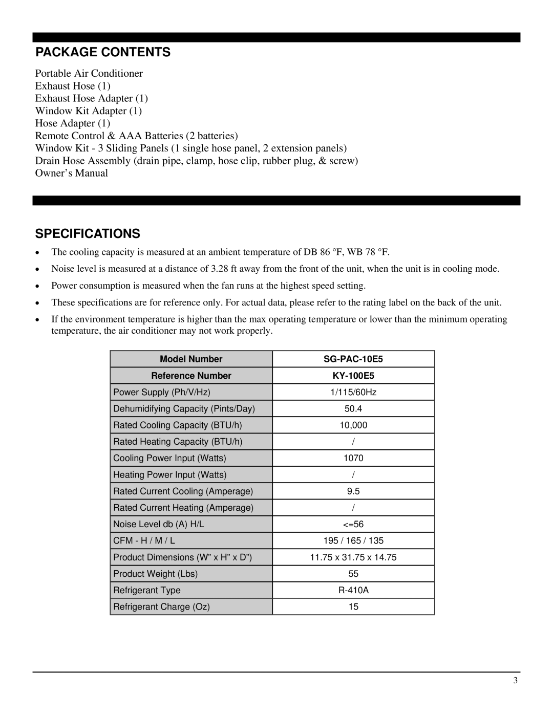 Soleus Air SG-PAC-10E5 manual Package Contents, Specifications 