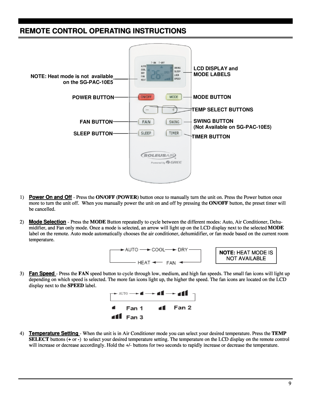 Soleus Air SG-PAC-10E5 manual Remote Control Operating Instructions, Power Button Fan Button Sleep Button 