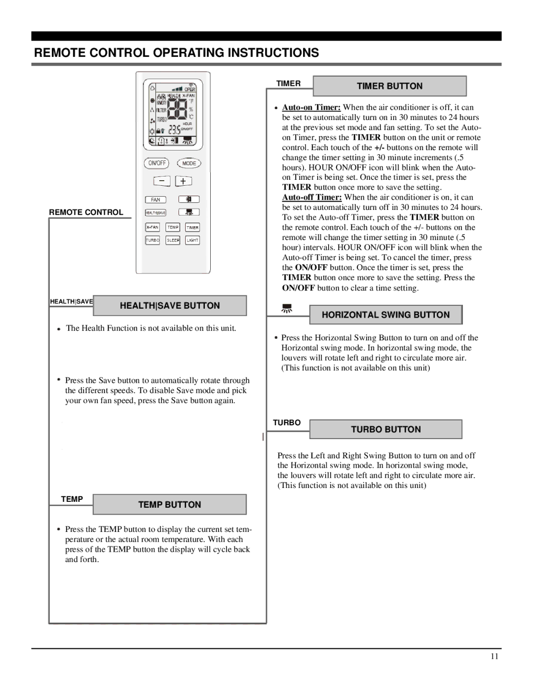 Soleus Air SG-PAC-12E1HP manual Healthsave Button, Temp Button, Timer Button, Horizontal Swing Button, Turbo Button 