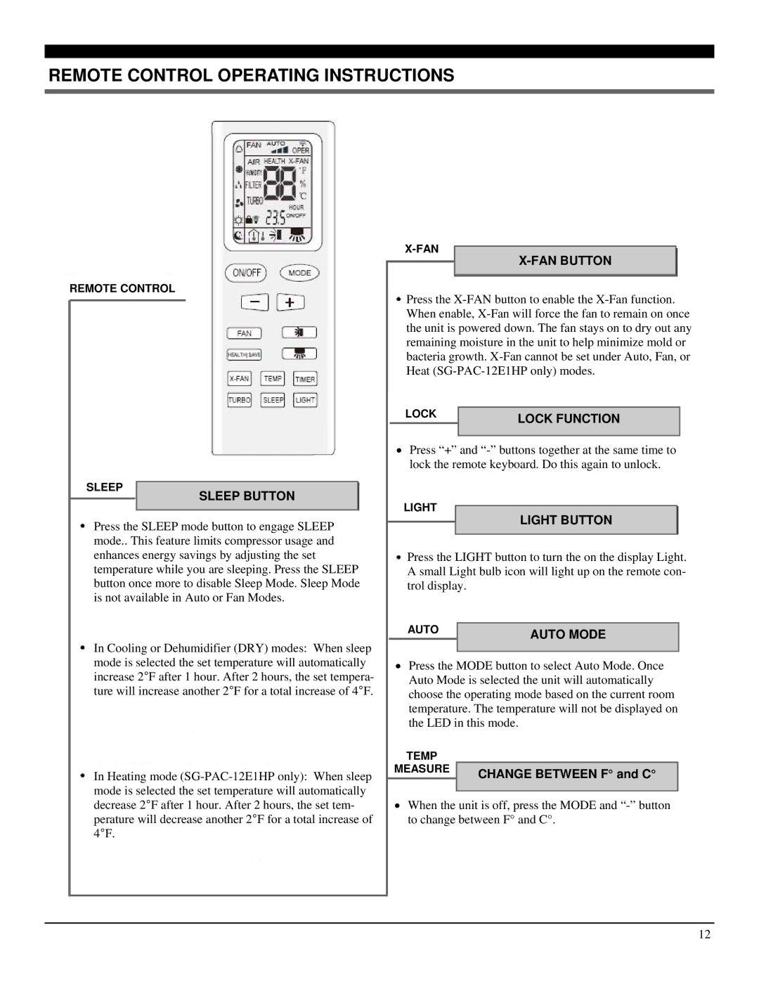 Soleus Air SG-PAC-12E1HP manual Sleep Button, Lock Function, Light Button, Auto Mode, Change Between F and C 