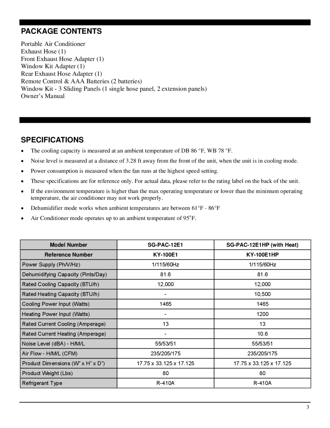 Soleus Air SG-PAC-12E1HP manual Package Contents, Specifications 