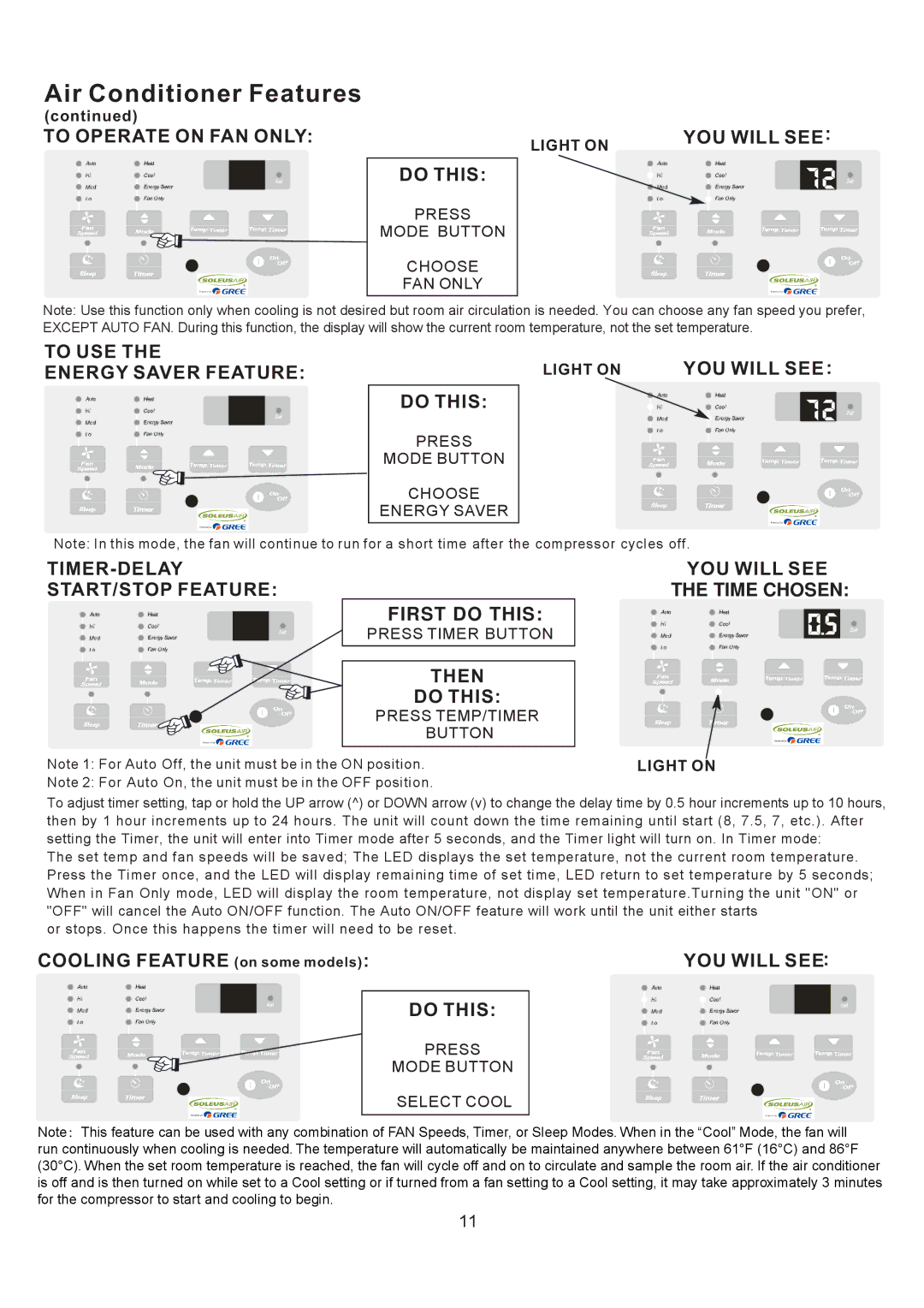 Soleus Air SG-TTW-12ESEZ-26 To Operate on FAN Onlyyou will see, To USE YOU will see Energy Saver Feature, Then Do this 