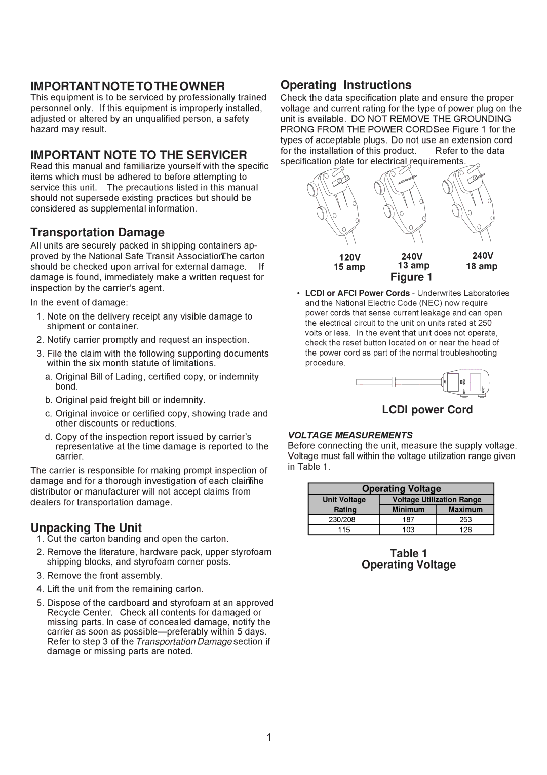 Soleus Air SG-TTW-09HC-26, SG-TTW-12HC-26 manual Transportation Damage, Unpacking The Unit, Operating Instructions 