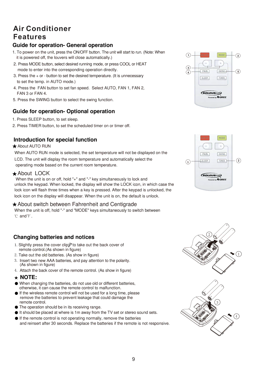 Soleus Air SG-TTW-09HC-26, SG-TTW-12HC-26, SG-TTW-12ESEZ-26, SG-TTW-09ESE-26 manual Guide for operation- General operation 