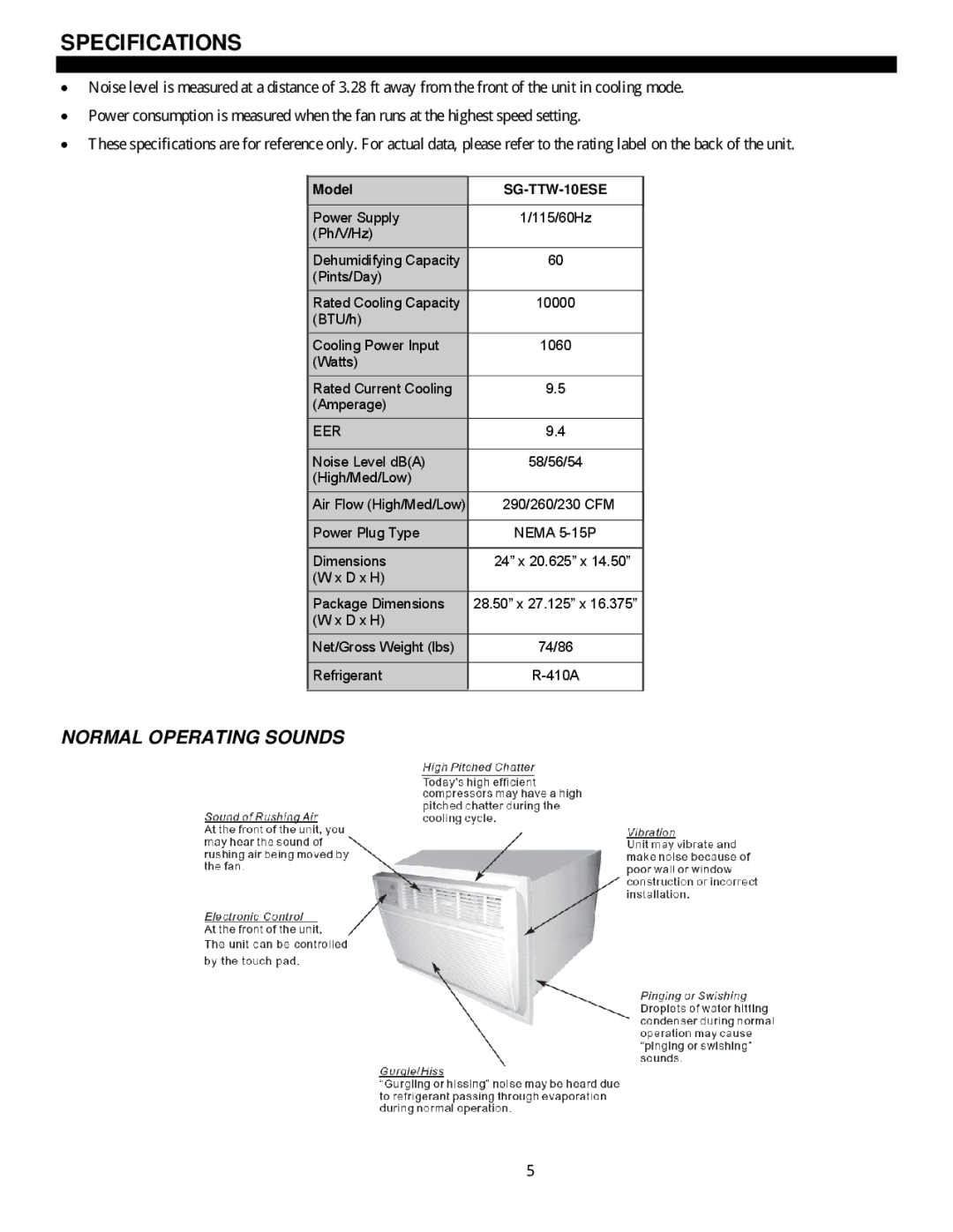 Soleus Air SG-TTW-10ESE manual Specifications, Normal Operating Sounds 