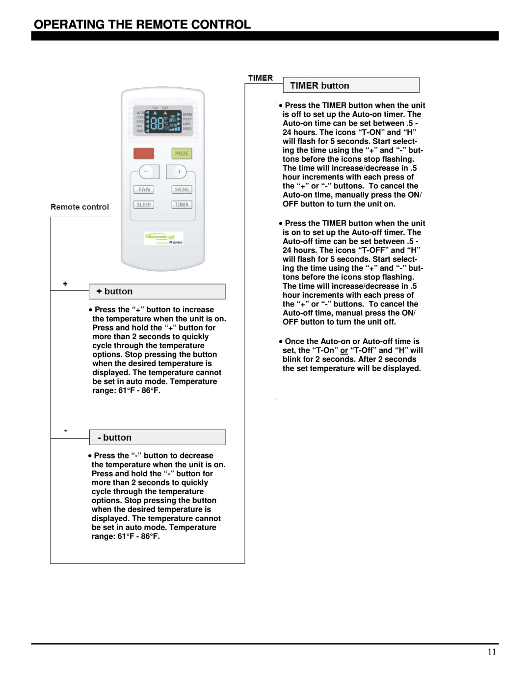 Soleus Air SG-TTW-10ESE manual Operating The Remote Control 