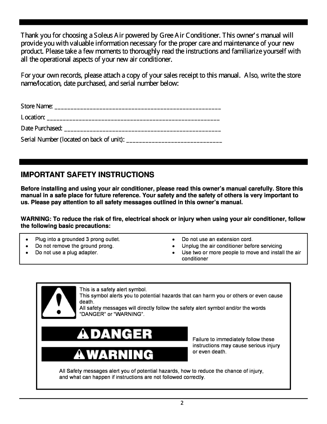 Soleus Air SG-TTW-10ESE manual Important Safety Instructions 