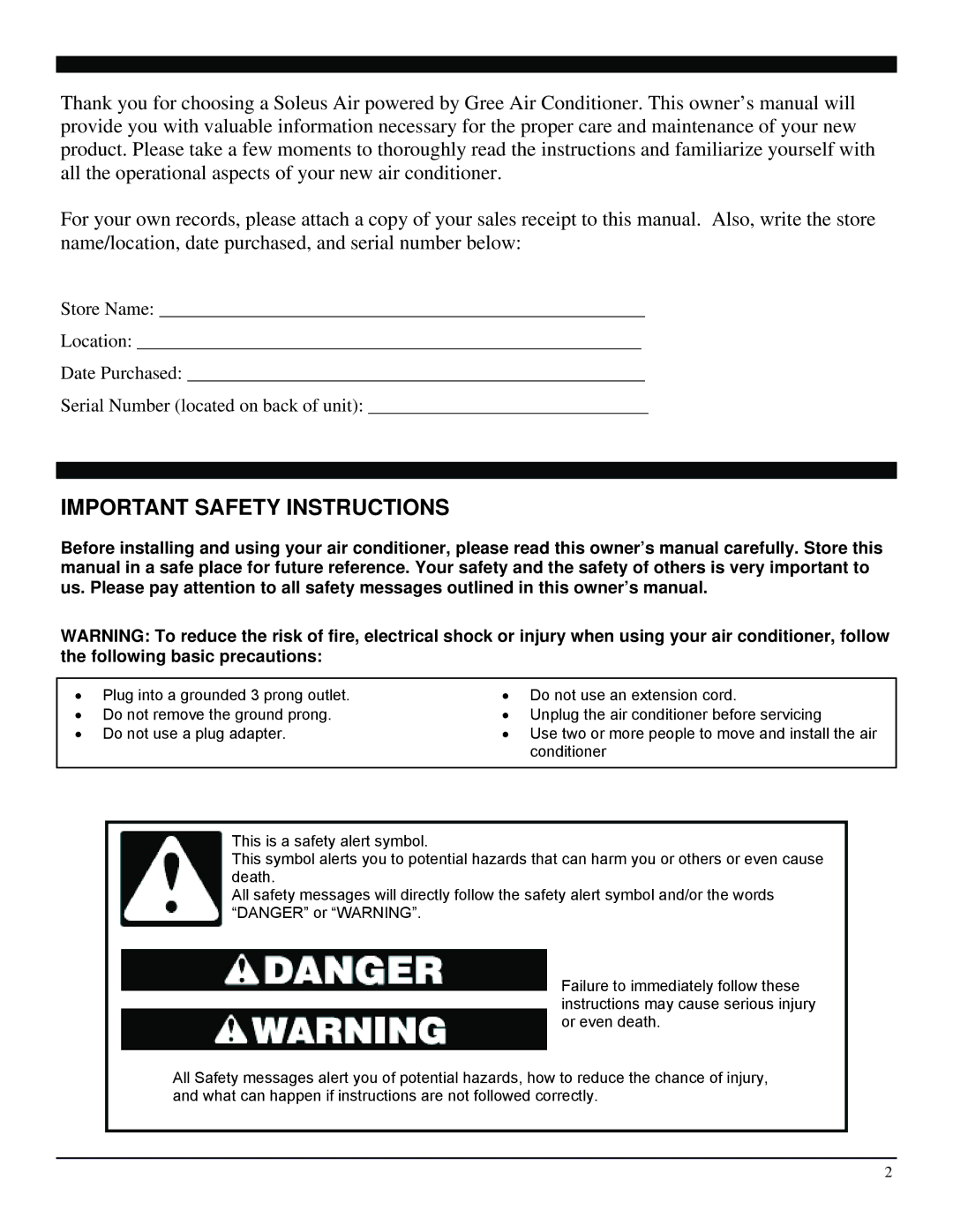 Soleus Air SG-TTW-12ESE operating instructions Important Safety Instructions 