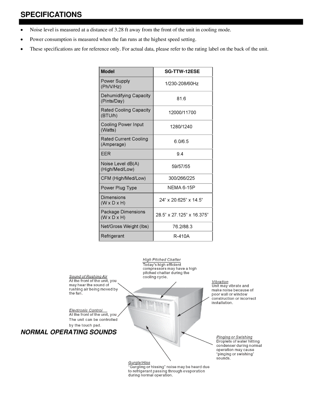 Soleus Air SG-TTW-12ESE operating instructions Specifications, Normal Operating Sounds 